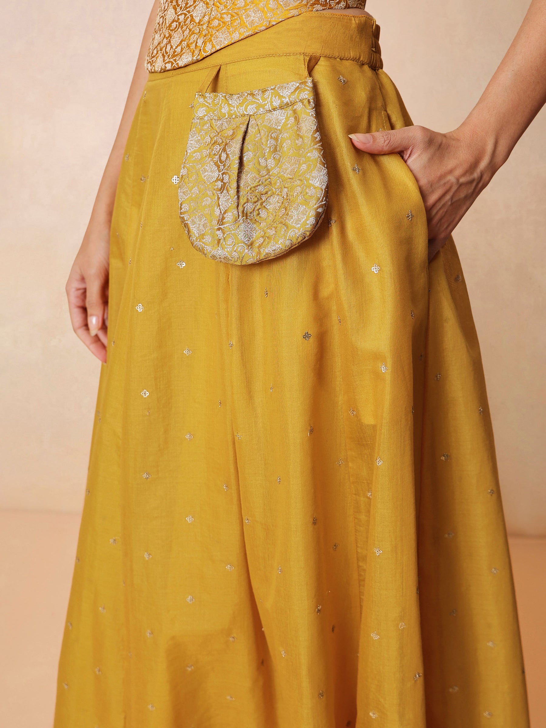 Women Yellow Brocade Corset Top With Chanderi Anarkali Skirt