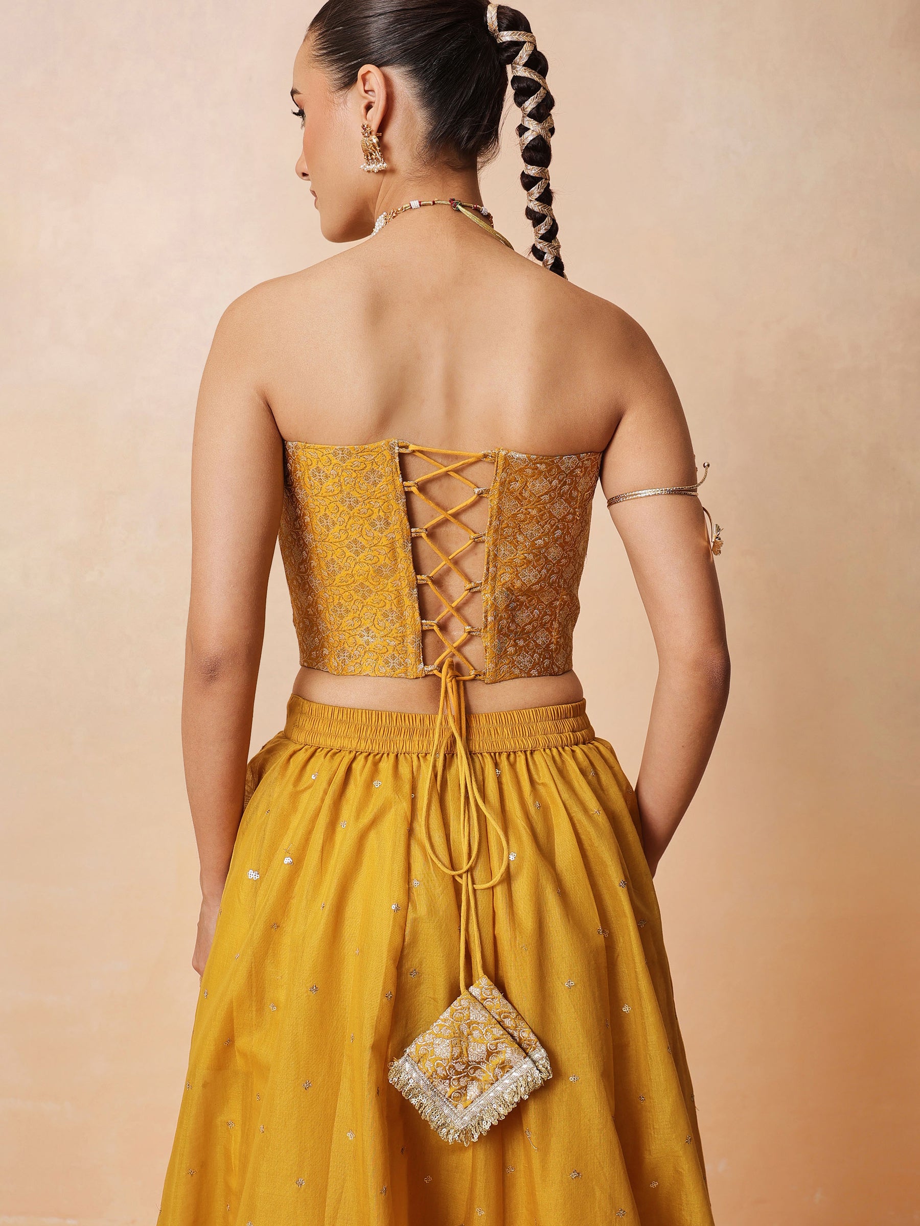 Women Yellow Brocade Corset Top With Chanderi Anarkali Skirt