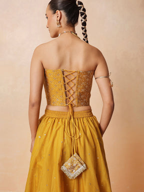 Women Yellow Brocade Corset Top With Chanderi Anarkali Skirt