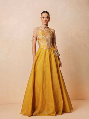 Women Yellow Brocade Corset Top With Chanderi Anarkali Skirt