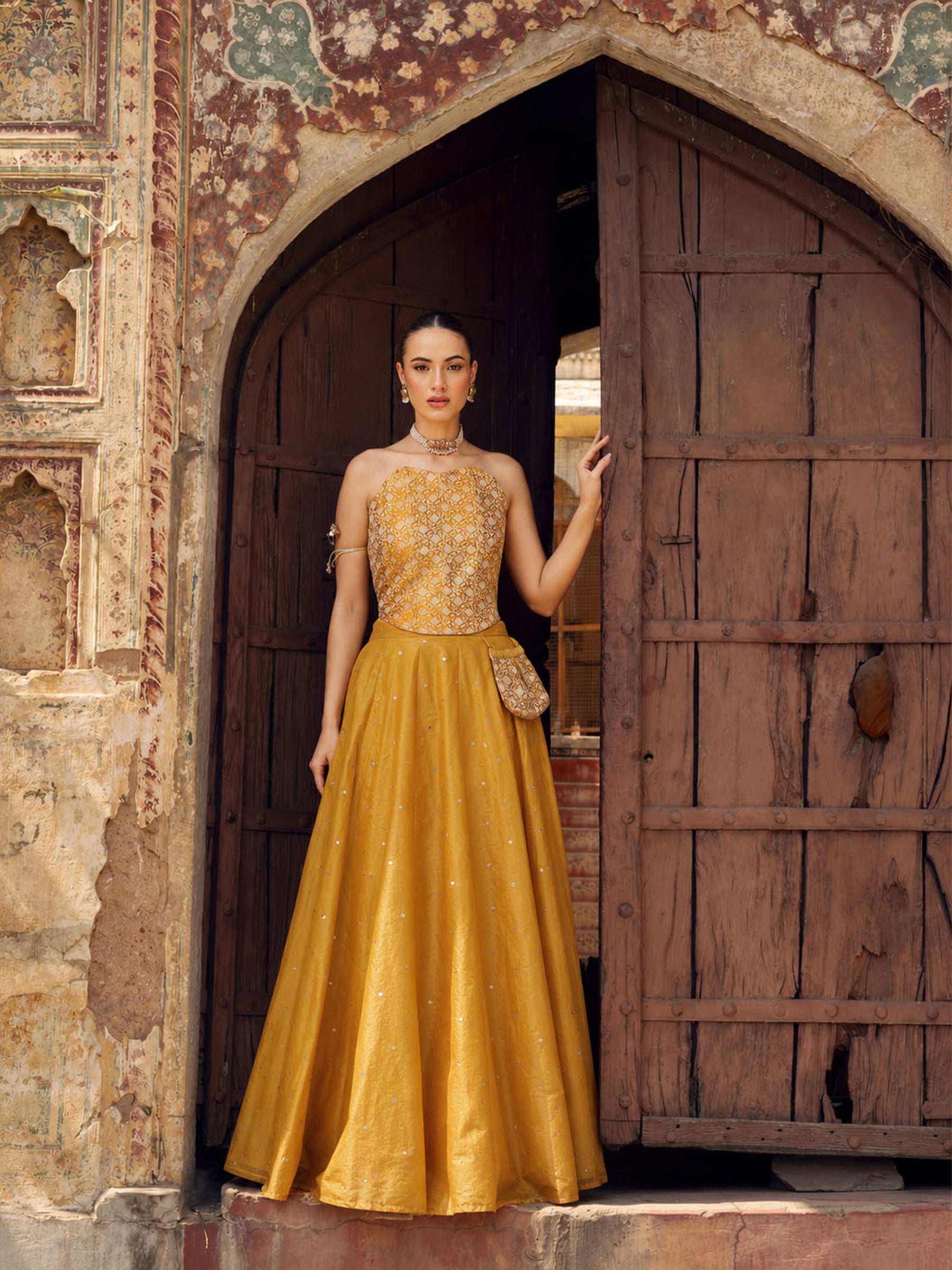 Women Yellow Brocade Corset Top With Chanderi Anarkali Skirt