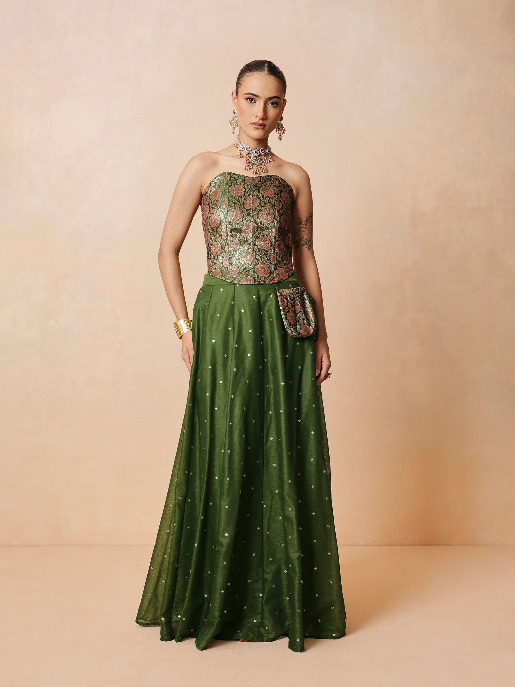 Women Olive Brocade Corset Top With Chanderi Anarkali Skirt