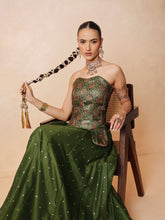 Olive Brocade Corset Top With Chanderi Anarkali Skirt -Luxe - Shae by SASSAFRAS