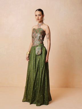 Olive Brocade Corset Top With Chanderi Anarkali Skirt -Luxe - Shae by SASSAFRAS