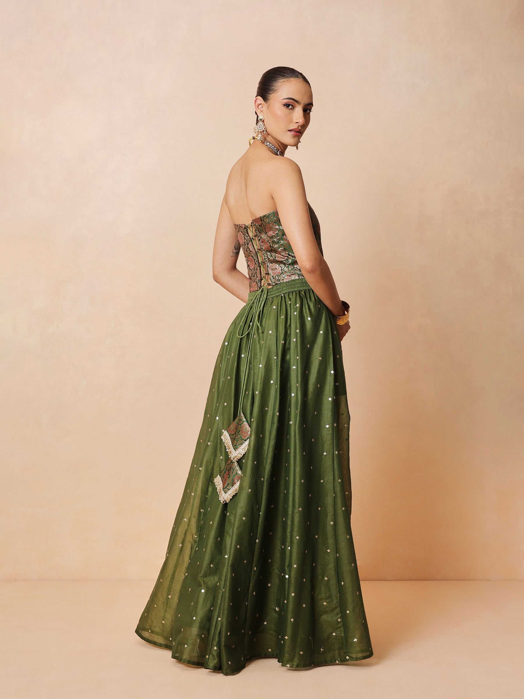 Women Olive Brocade Corset Top With Chanderi Anarkali Skirt
