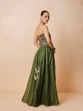 Women Olive Brocade Corset Top With Chanderi Anarkali Skirt