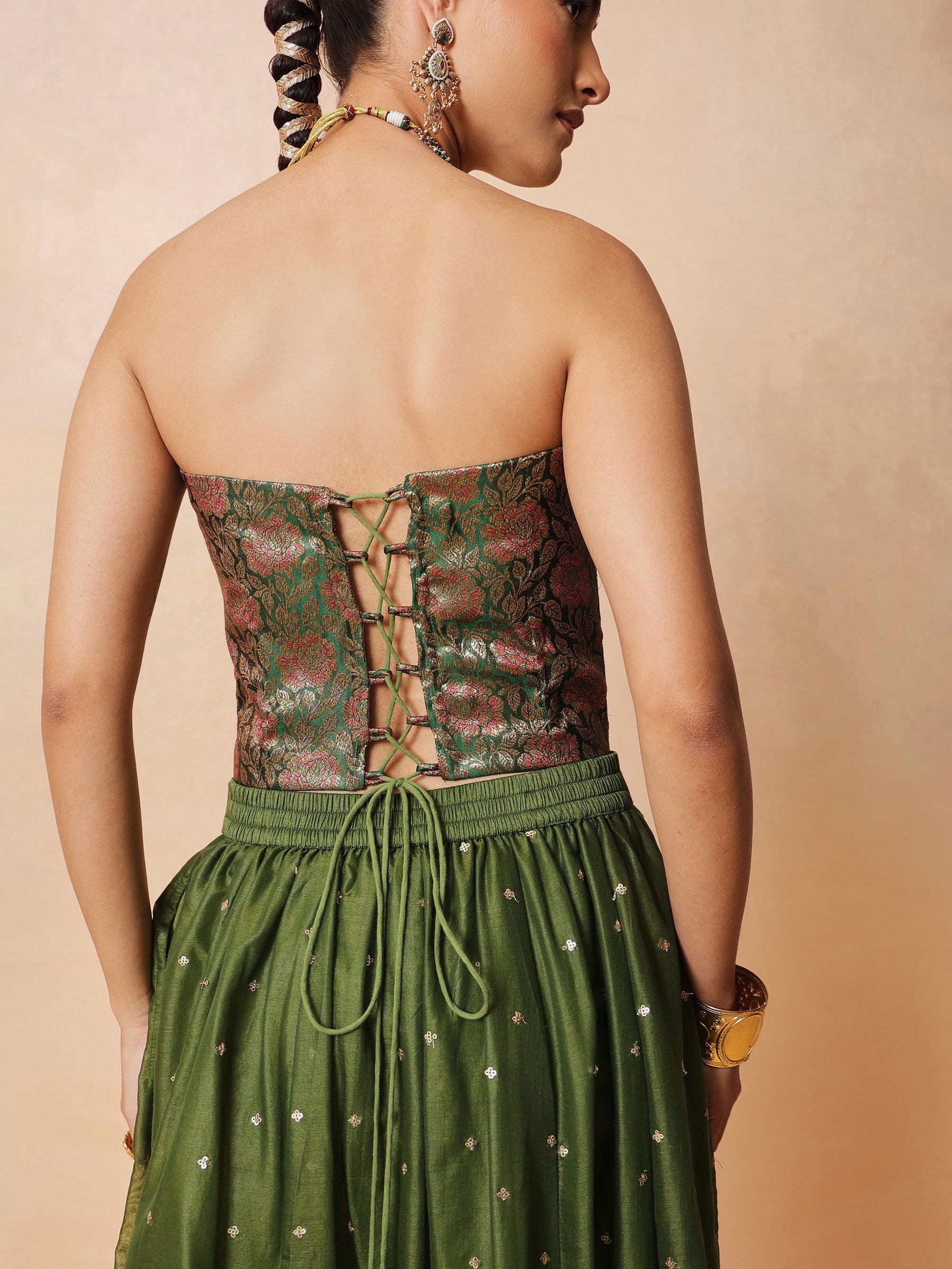 Women Olive Brocade Corset Top With Chanderi Anarkali Skirt