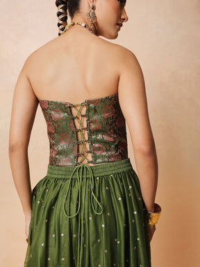 Women Olive Brocade Corset Top With Chanderi Anarkali Skirt