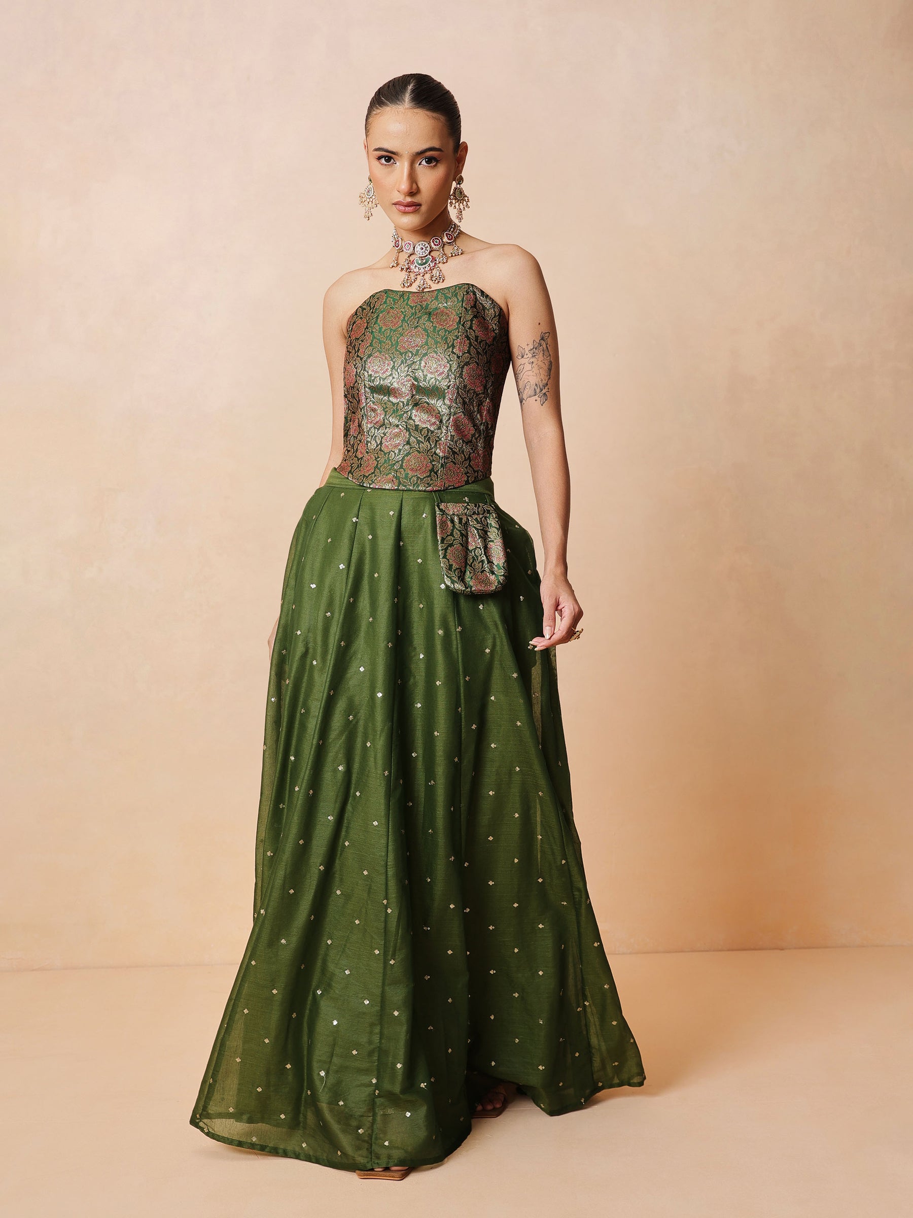 Women Olive Brocade Corset Top With Chanderi Anarkali Skirt
