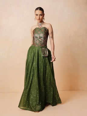 Women Olive Brocade Corset Top With Chanderi Anarkali Skirt