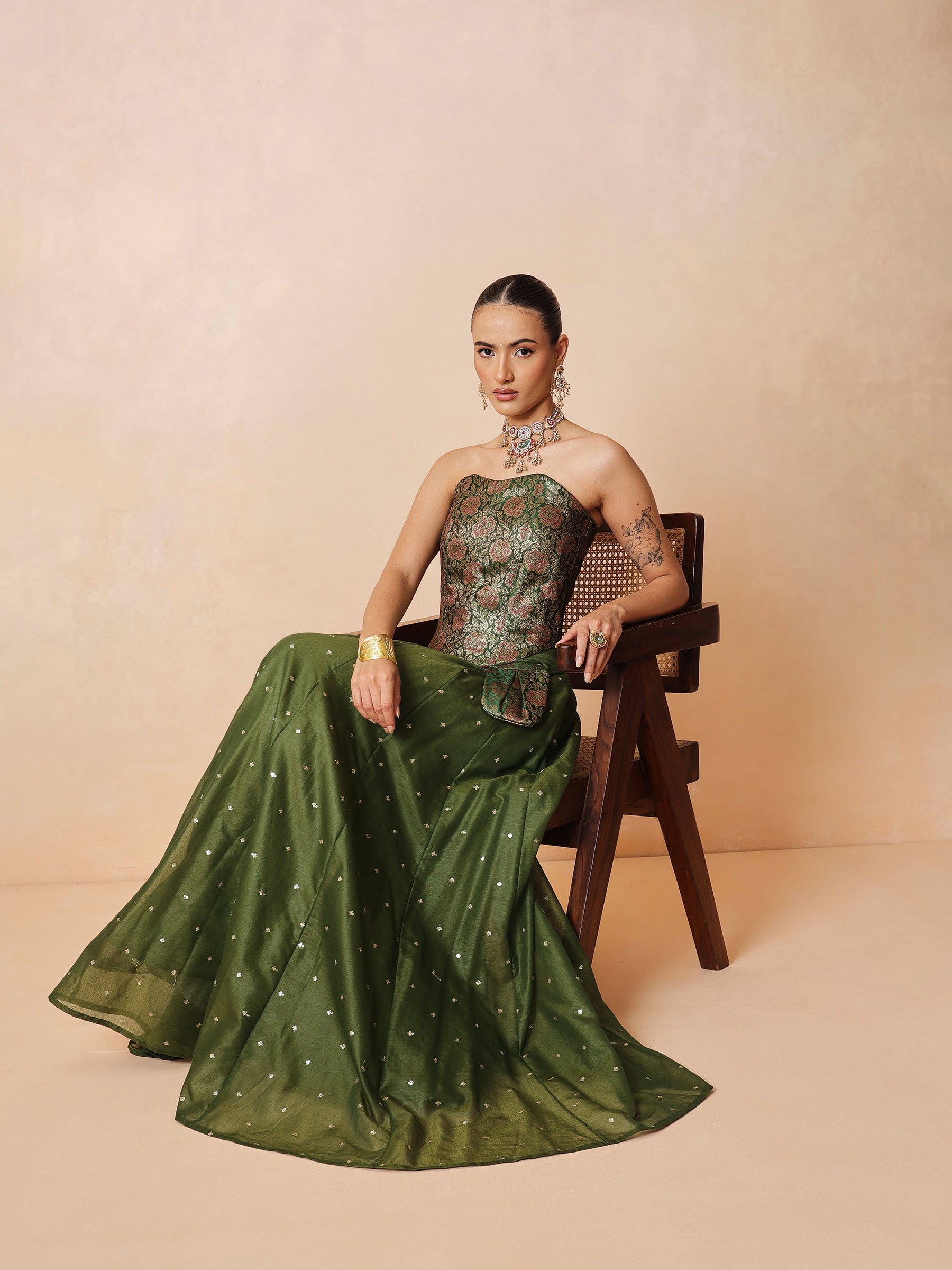 Women Olive Brocade Corset Top With Chanderi Anarkali Skirt