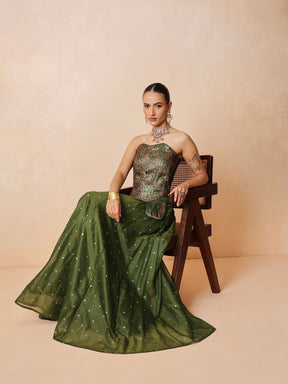 Women Olive Brocade Corset Top With Chanderi Anarkali Skirt