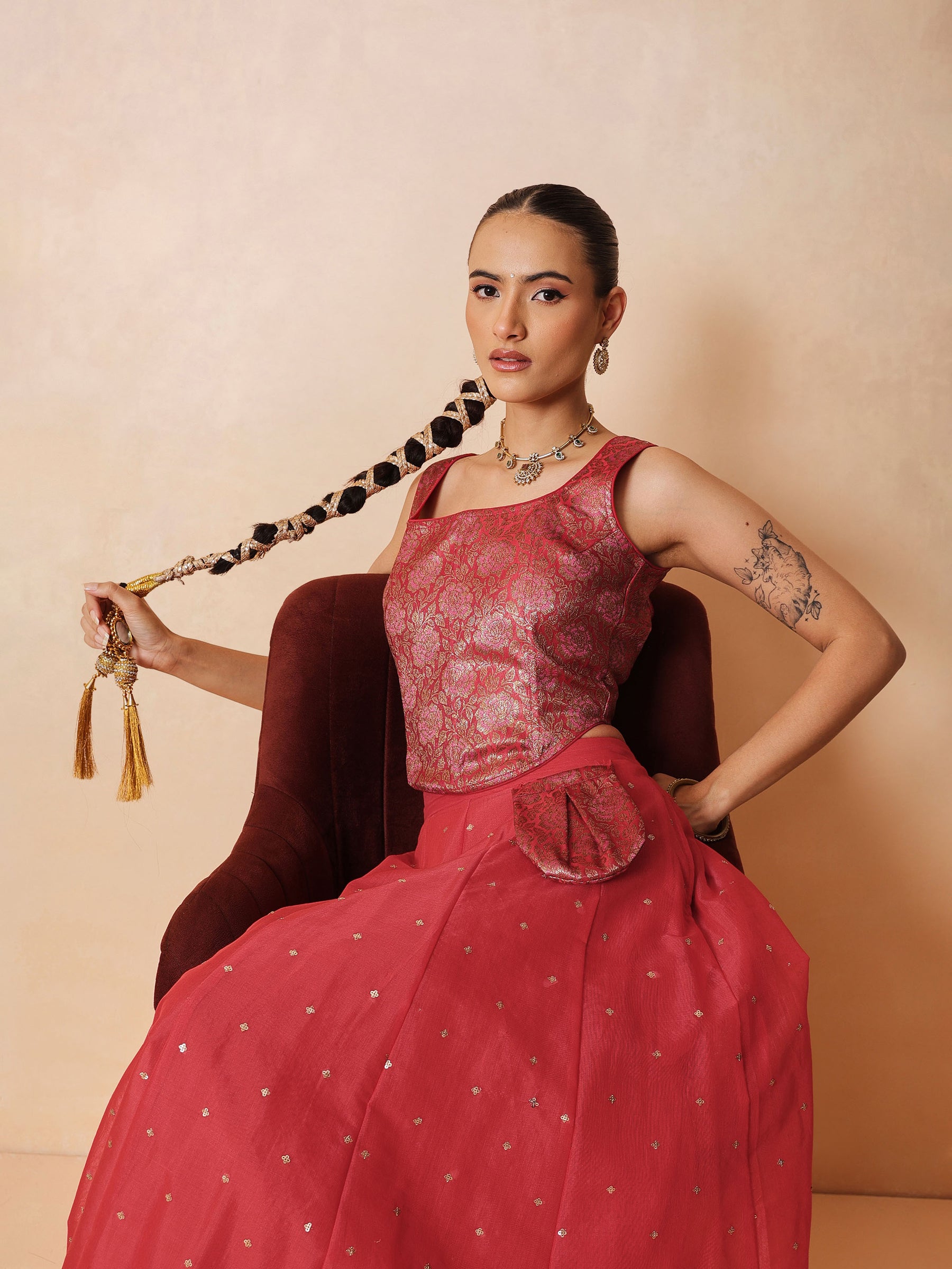 Women Red Brocade Corset Top With Chanderi Anarkali Skirt