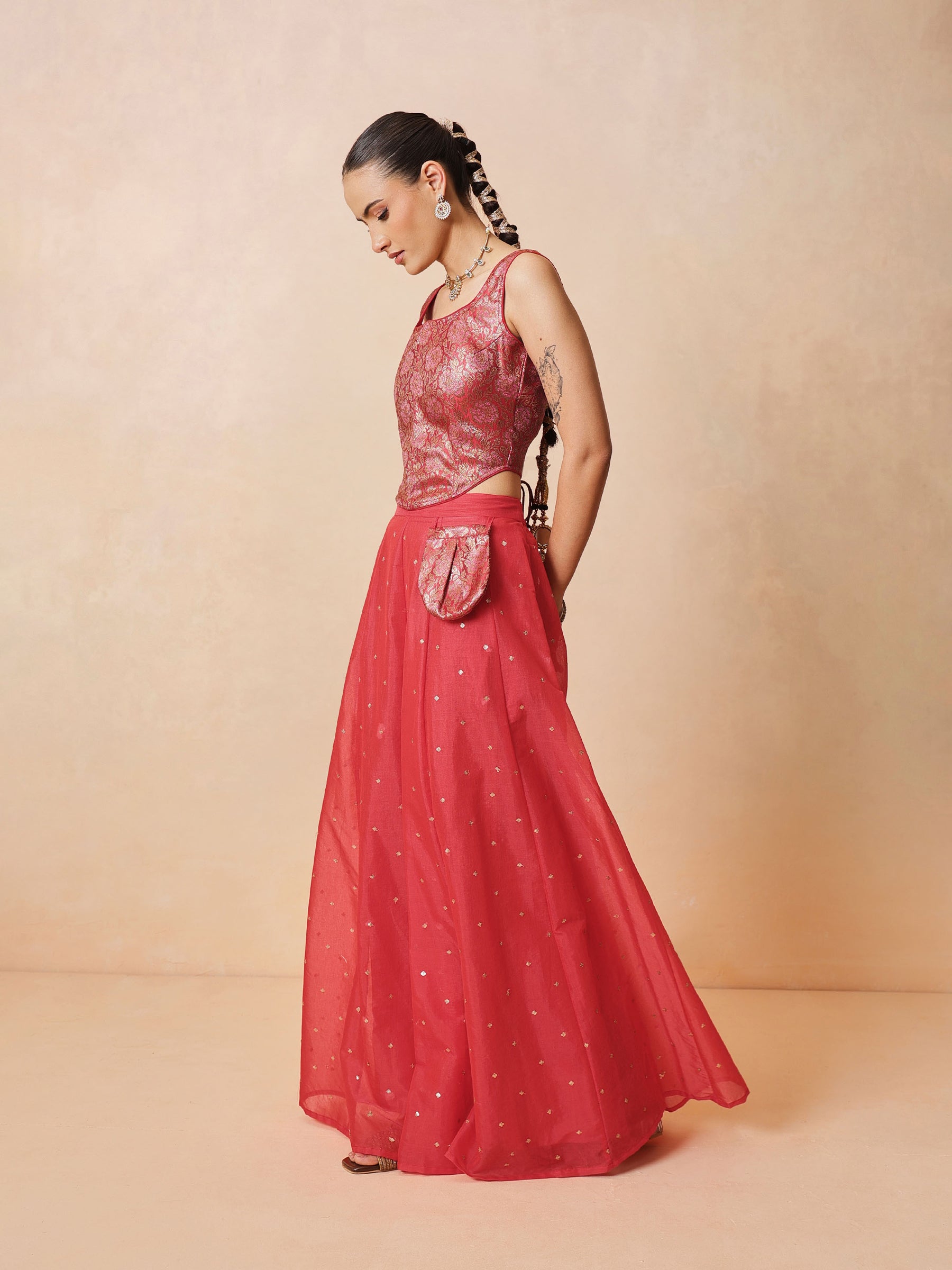 Women Red Brocade Corset Top With Chanderi Anarkali Skirt