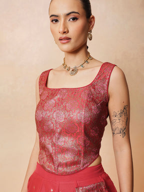 Red Brocade Corset Top With Chanderi Anarkali Skirt-Luxe - Shae by SASSAFRAS