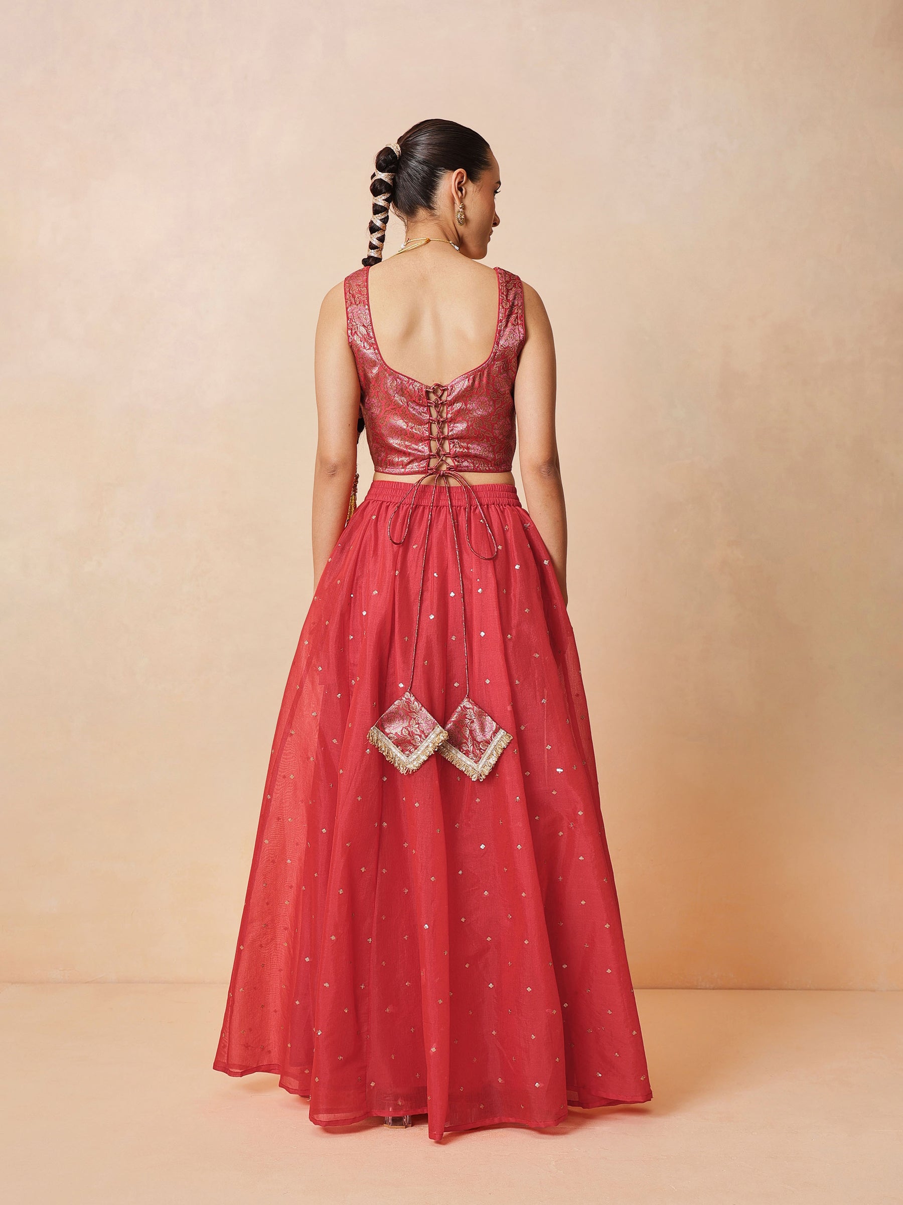 Women Red Brocade Corset Top With Chanderi Anarkali Skirt