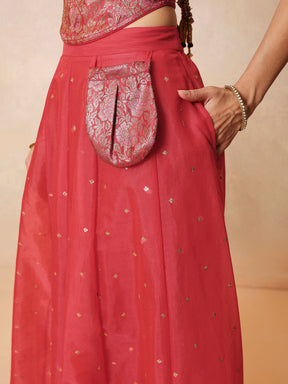 Women Red Brocade Corset Top With Chanderi Anarkali Skirt