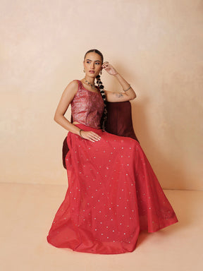 Women Red Brocade Corset Top With Chanderi Anarkali Skirt