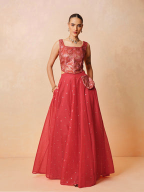 Women Red Brocade Corset Top With Chanderi Anarkali Skirt