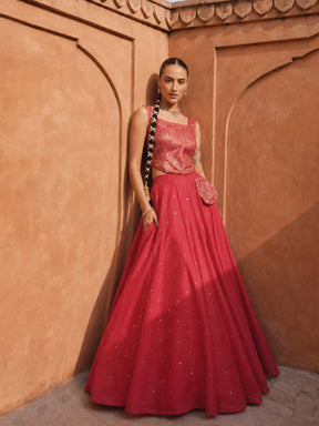 Women Red Brocade Corset Top With Chanderi Anarkali Skirt