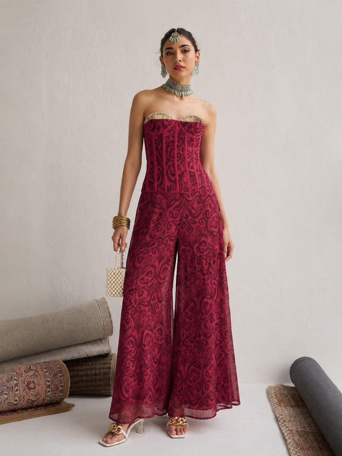 Fuchsia & Brown Ikat Print Corset with Palazzo Pants-Shae by SASSAFRAS