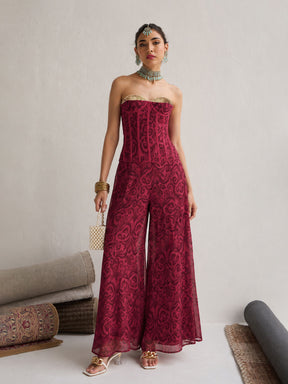 Fuchsia & Brown Ikat Print Corset with Palazzo Pants-Shae by SASSAFRAS