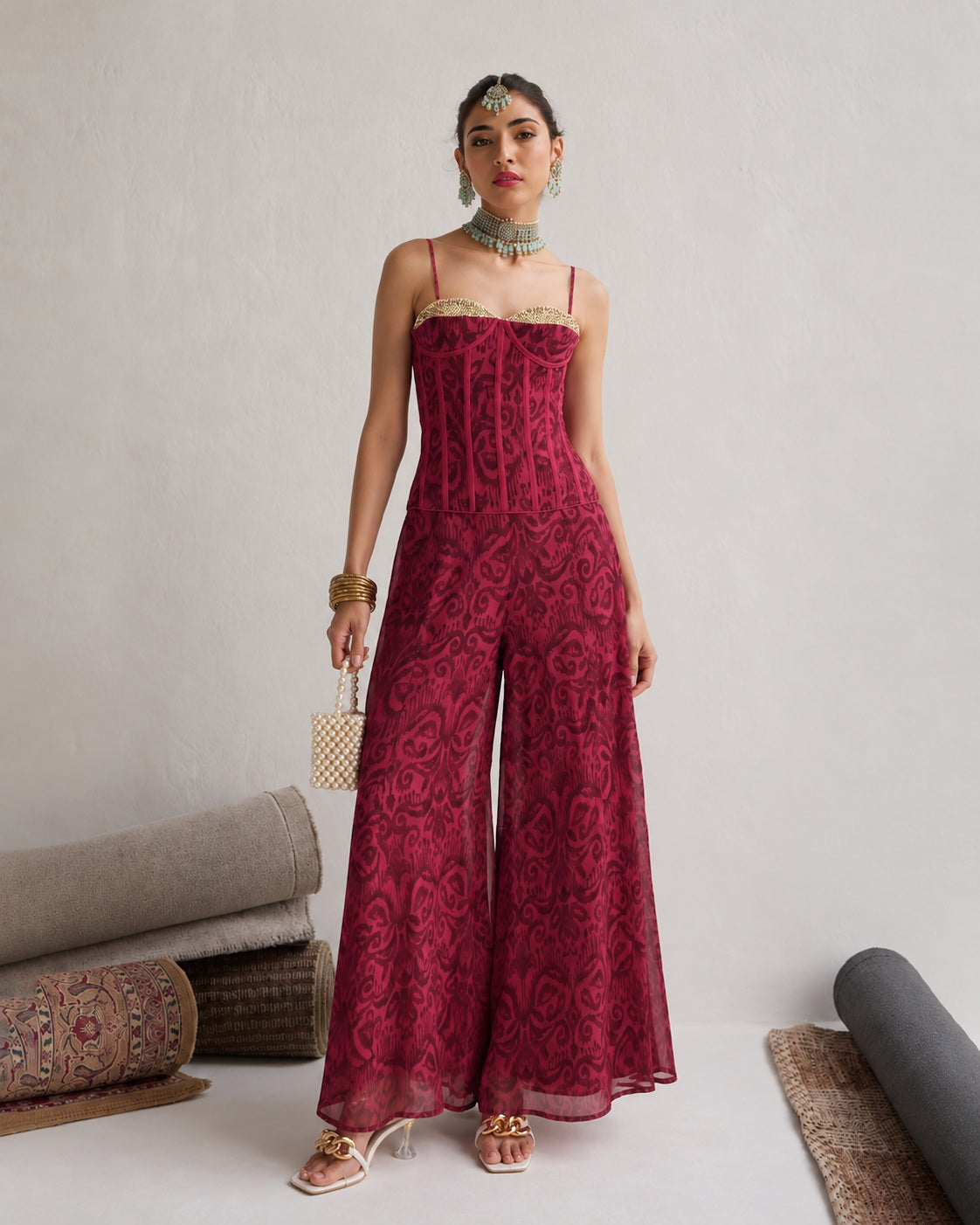 Women Fuchsia & Brown Ikat Print Corset with Palazzo Pants