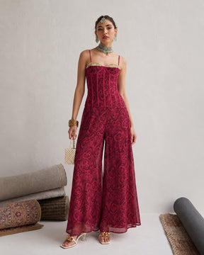Women Fuchsia & Brown Ikat Print Corset with Palazzo Pants
