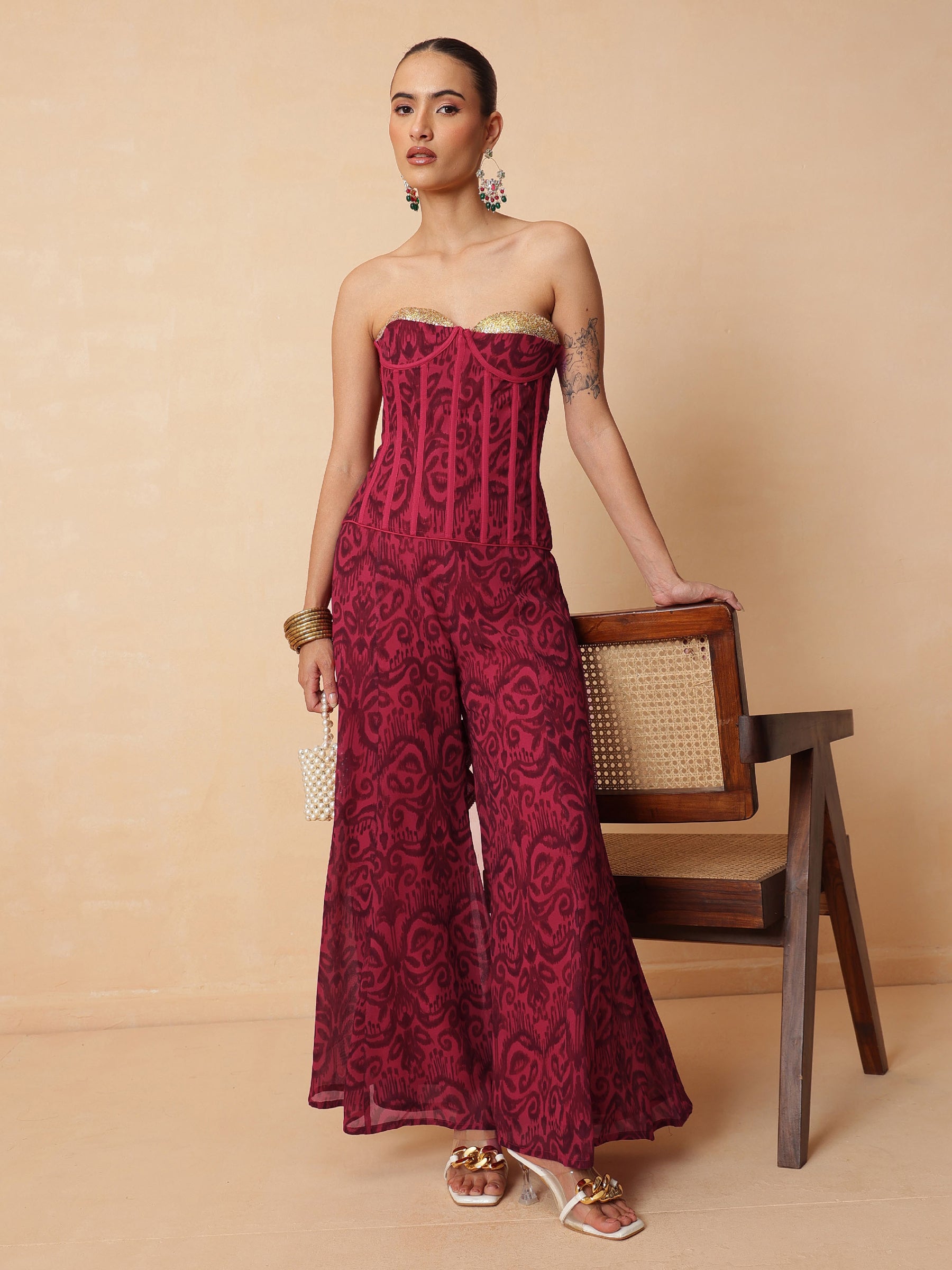 Fuchsia & Brown Ikat Print Corset with Palazzo Pants-Shae by SASSAFRAS