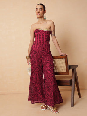 Fuchsia & Brown Ikat Print Corset with Palazzo Pants-Shae by SASSAFRAS