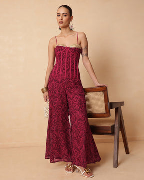Women Fuchsia & Brown Ikat Print Corset with Palazzo Pants
