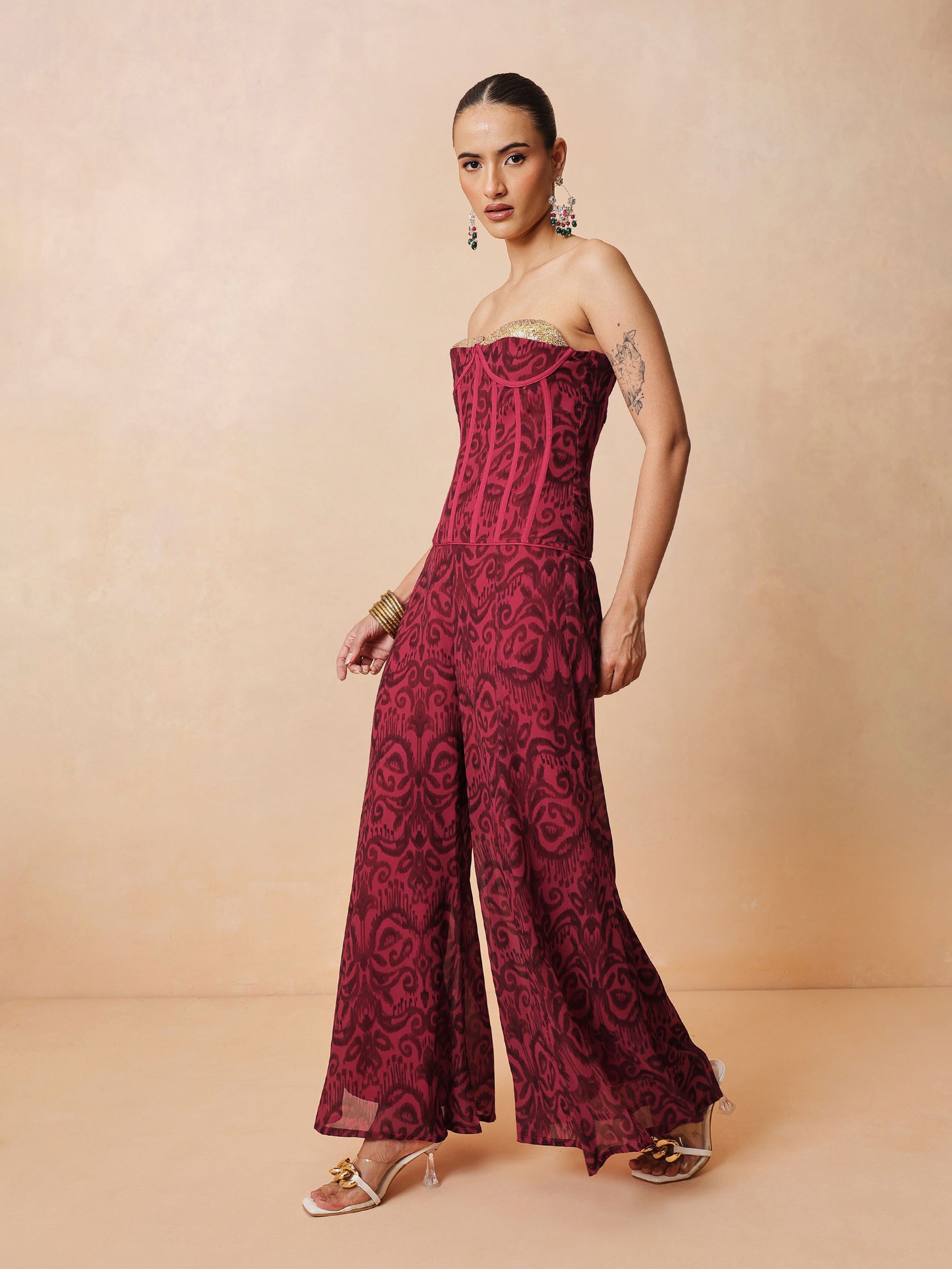 Fuchsia & Brown Ikat Print Corset with Palazzo Pants-Shae by SASSAFRAS