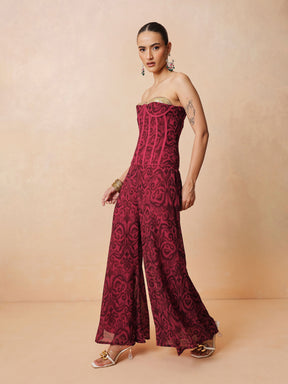 Fuchsia & Brown Ikat Print Corset with Palazzo Pants-Shae by SASSAFRAS