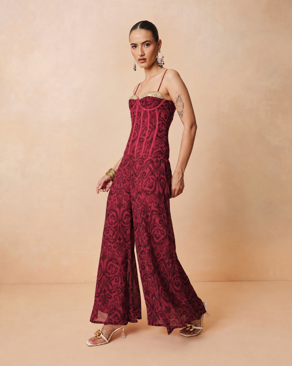 Women Fuchsia & Brown Ikat Print Corset with Palazzo Pants