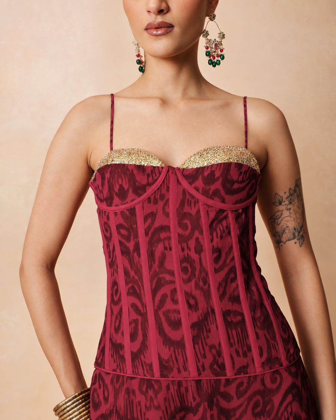 Women Fuchsia & Brown Ikat Print Corset with Palazzo Pants