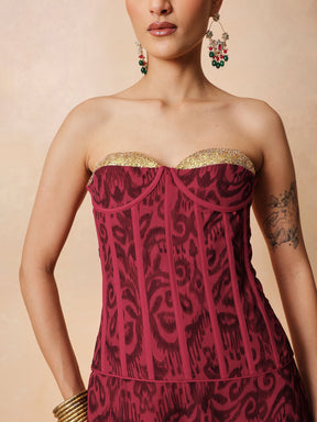 Fuchsia & Brown Ikat Print Corset with Palazzo Pants-Shae by SASSAFRAS