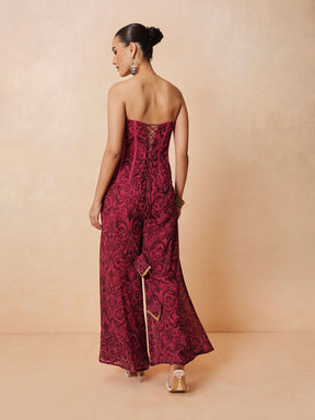 Fuchsia & Brown Ikat Print Corset with Palazzo Pants-Shae by SASSAFRAS