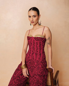 Women Fuchsia & Brown Ikat Print Corset with Palazzo Pants