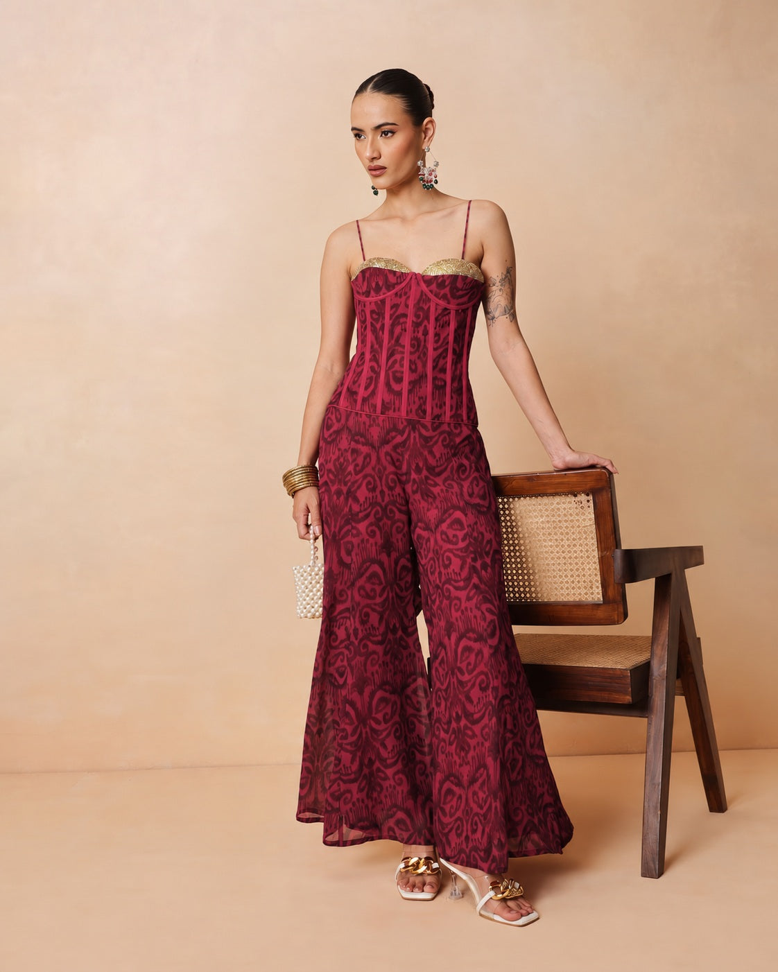 Women Fuchsia & Brown Ikat Print Corset with Palazzo Pants