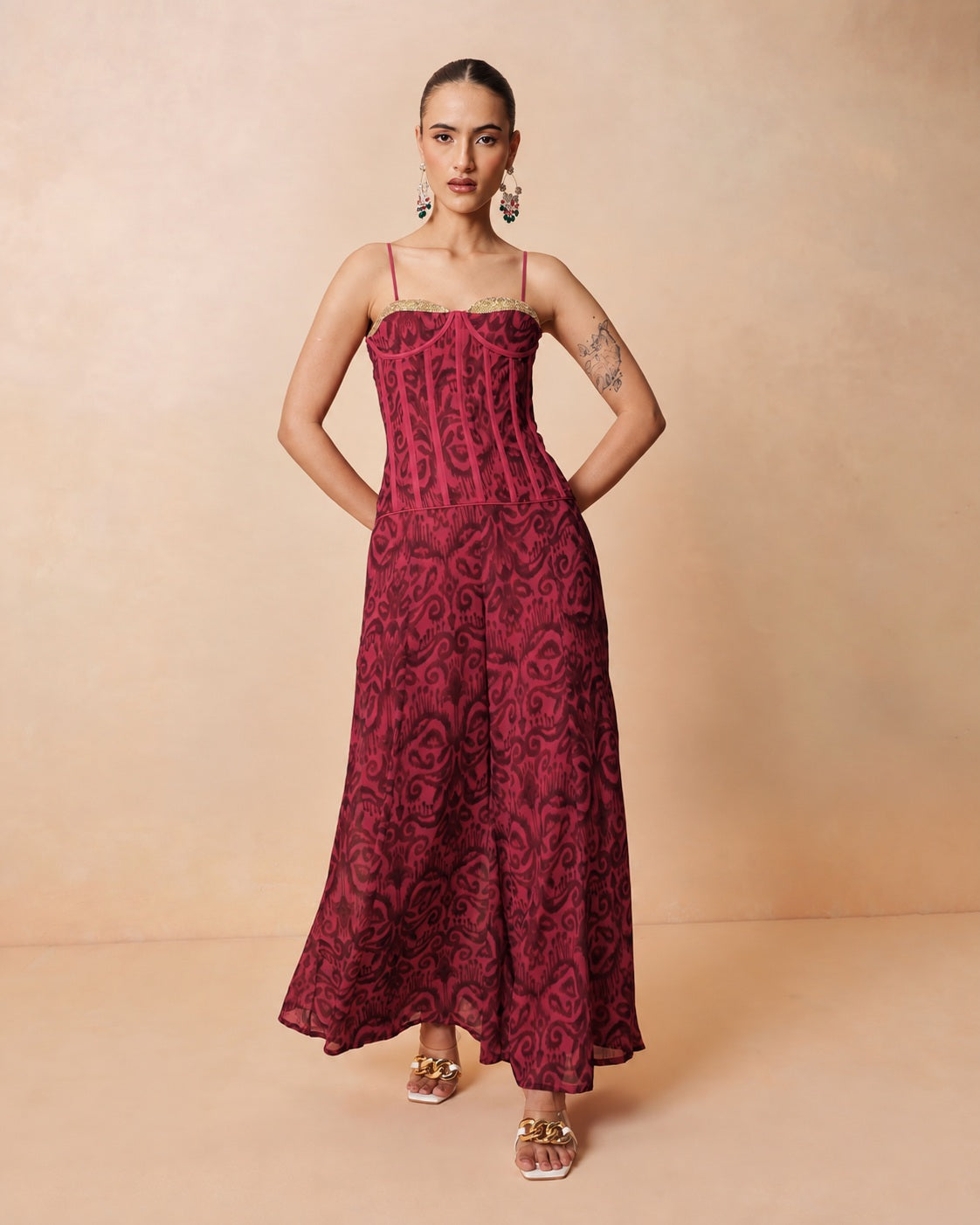 Women Fuchsia & Brown Ikat Print Corset with Palazzo Pants