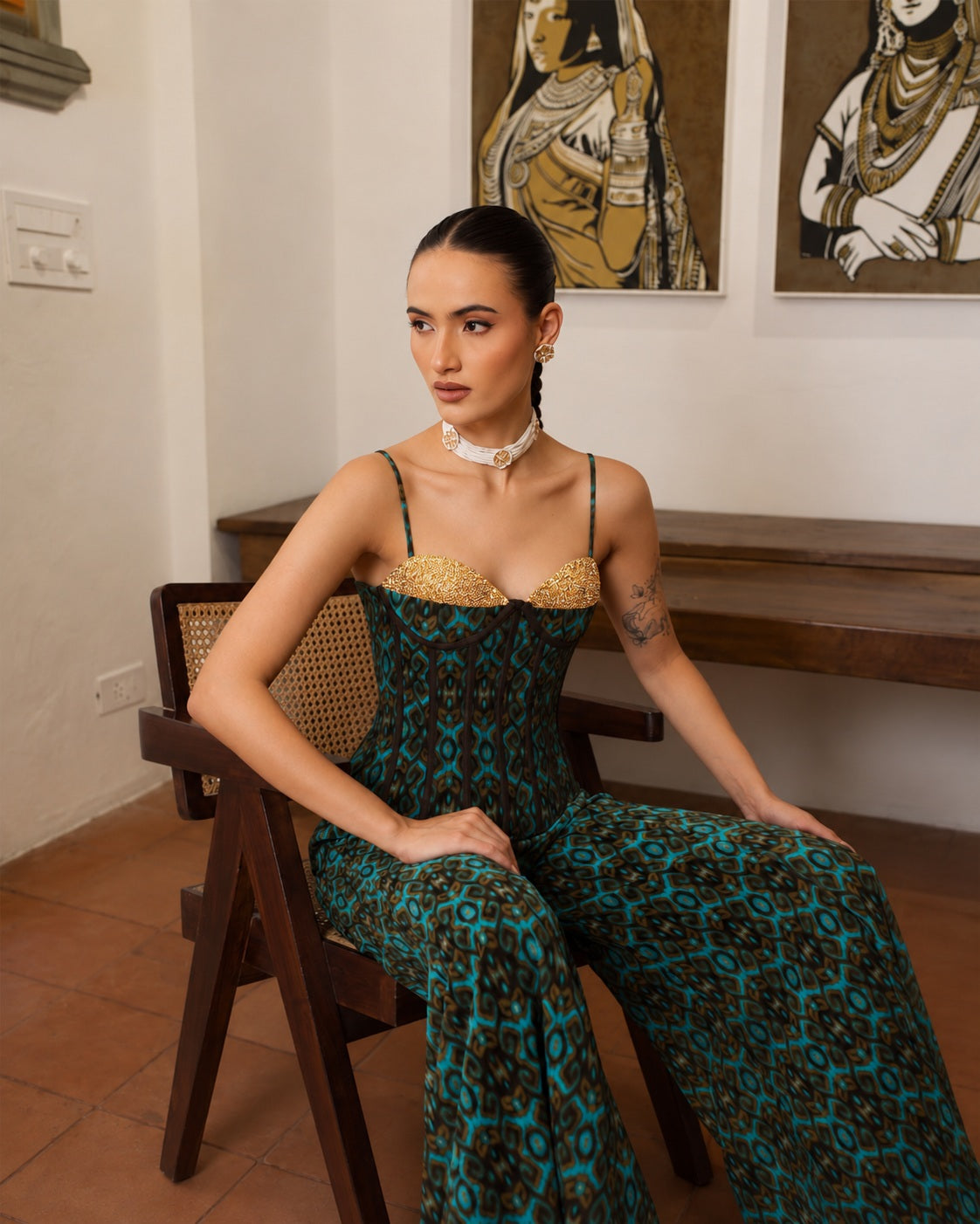Women Teal & Brown Ikat Print Corset with Palazzo Pants