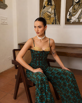 Women Teal & Brown Ikat Print Corset with Palazzo Pants