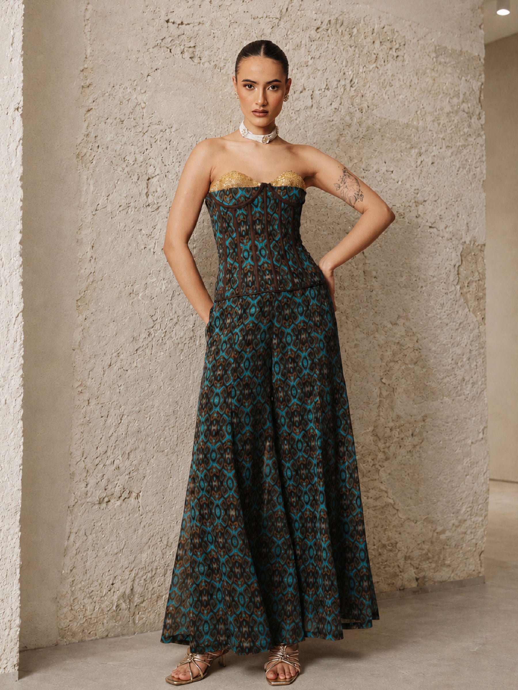 Teal & Brown Ikat Print Corset with Palazzo Pants-Shae by SASSAFRAS