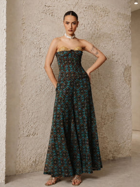 Teal & Brown Ikat Print Corset with Palazzo Pants-Shae by SASSAFRAS