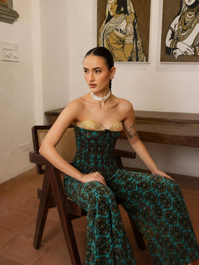 Teal & Brown Ikat Print Corset with Palazzo Pants-Shae by SASSAFRAS