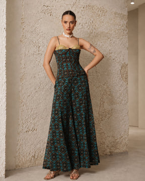 Women Teal & Brown Ikat Print Corset with Palazzo Pants