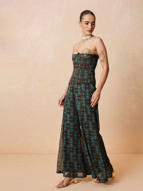 Teal & Brown Ikat Print Corset with Palazzo Pants-Shae by SASSAFRAS