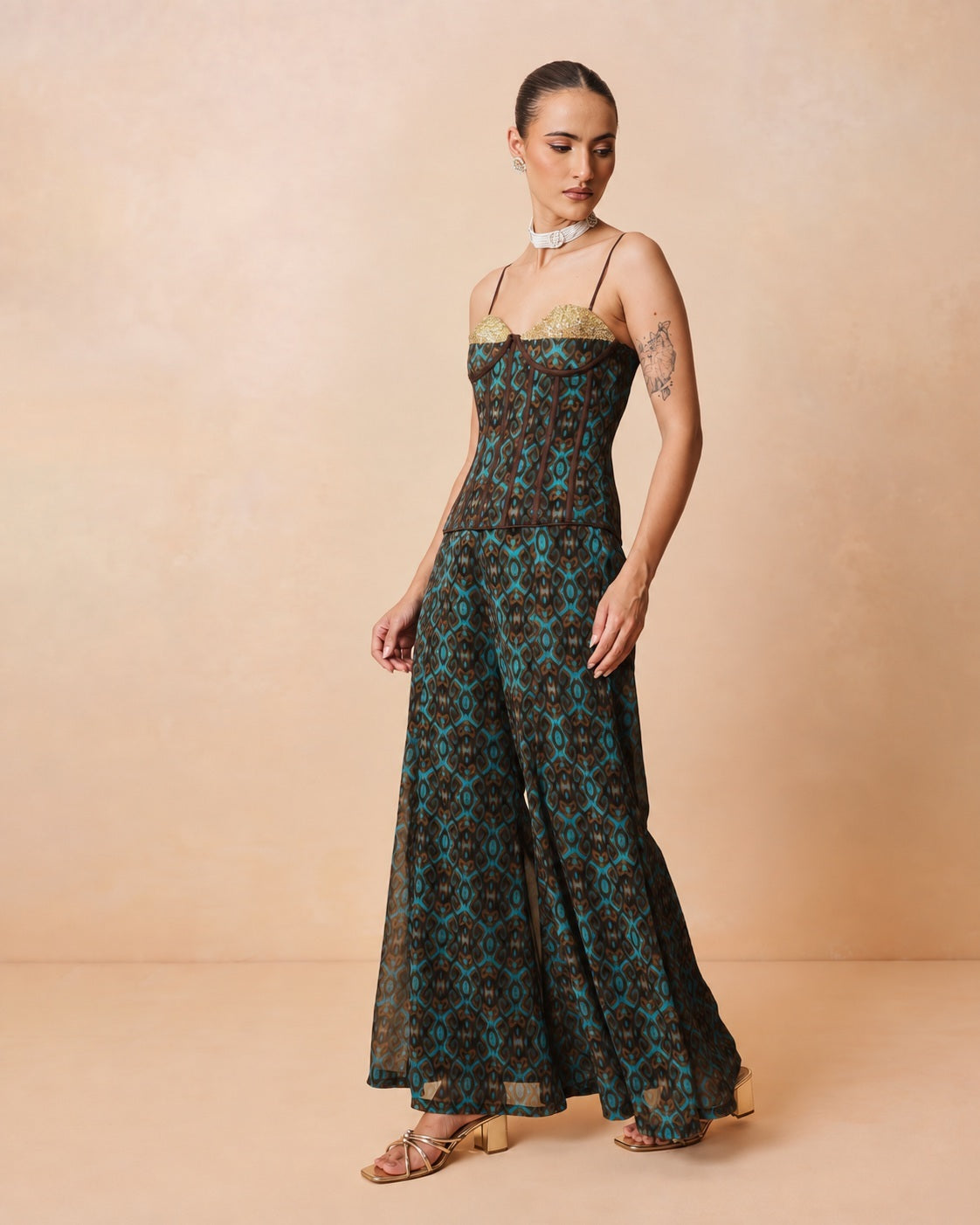 Women Teal & Brown Ikat Print Corset with Palazzo Pants