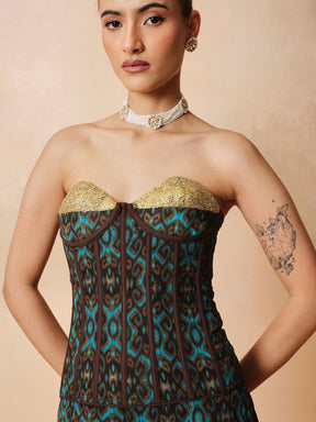 Teal & Brown Ikat Print Corset with Palazzo Pants-Shae by SASSAFRAS