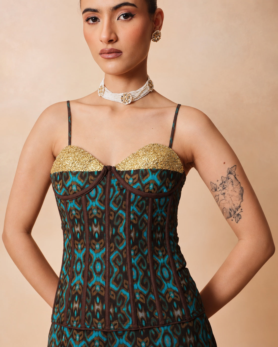 Women Teal & Brown Ikat Print Corset with Palazzo Pants